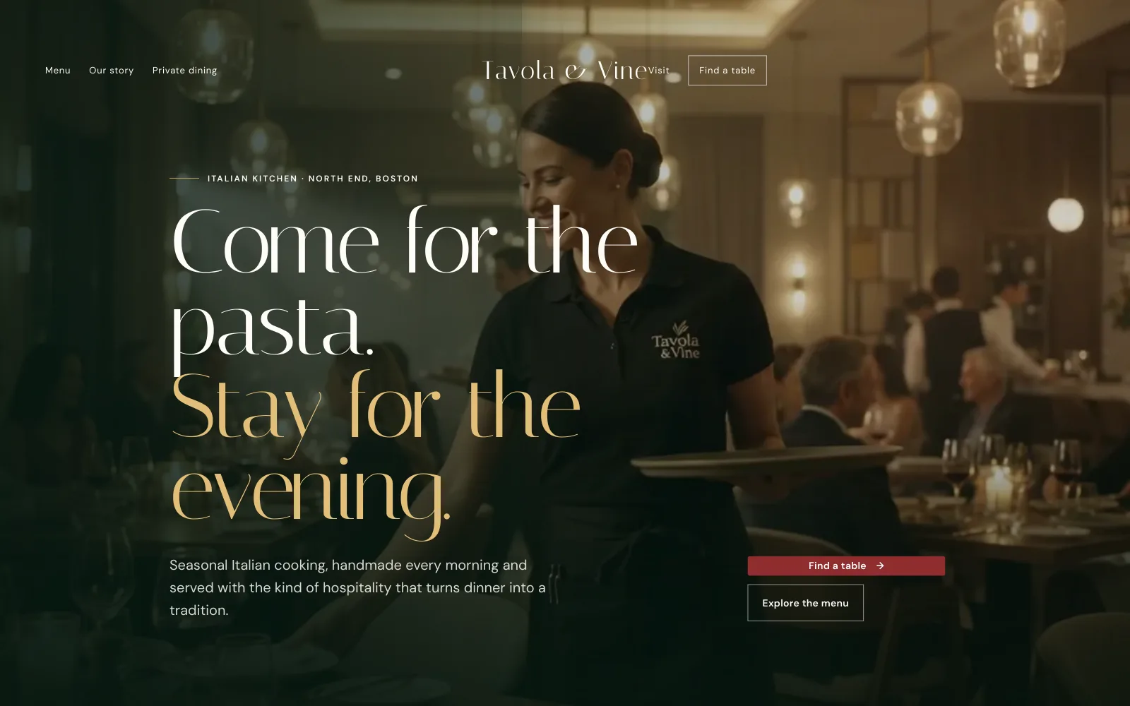 Tavola & Vine demo homepage header — “Come for the pasta. Stay for the evening.”
