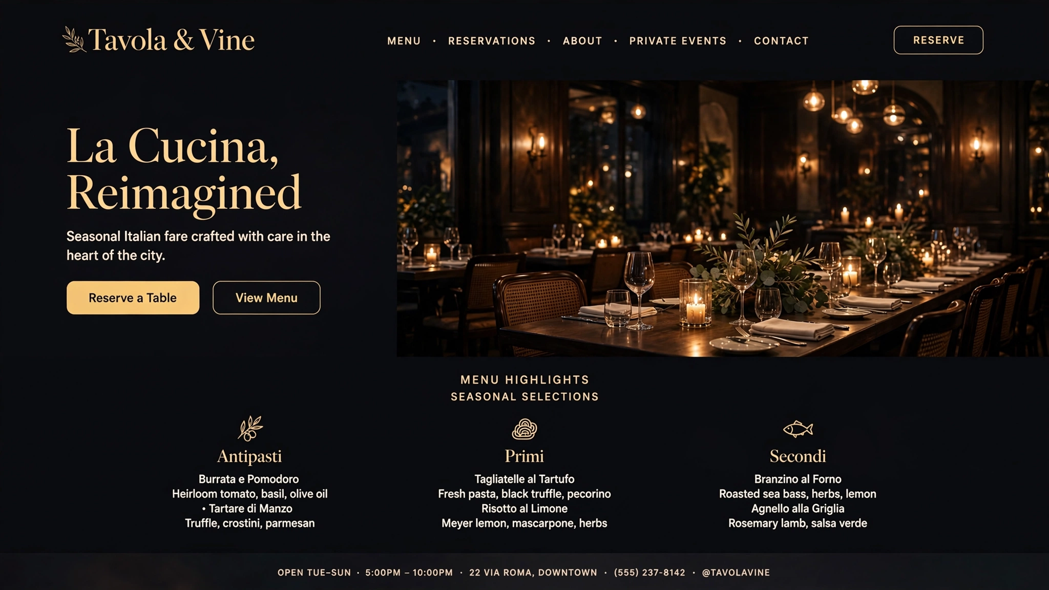 Restaurant website concept for Tavola and Vine