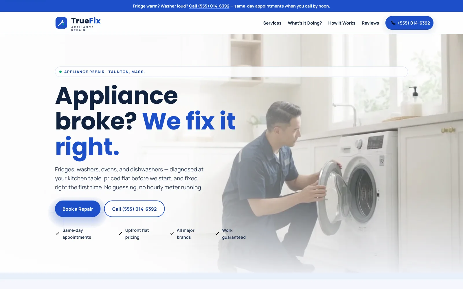 TrueFix Appliance Repair demo homepage header — “Appliance broke? We fix it right.”