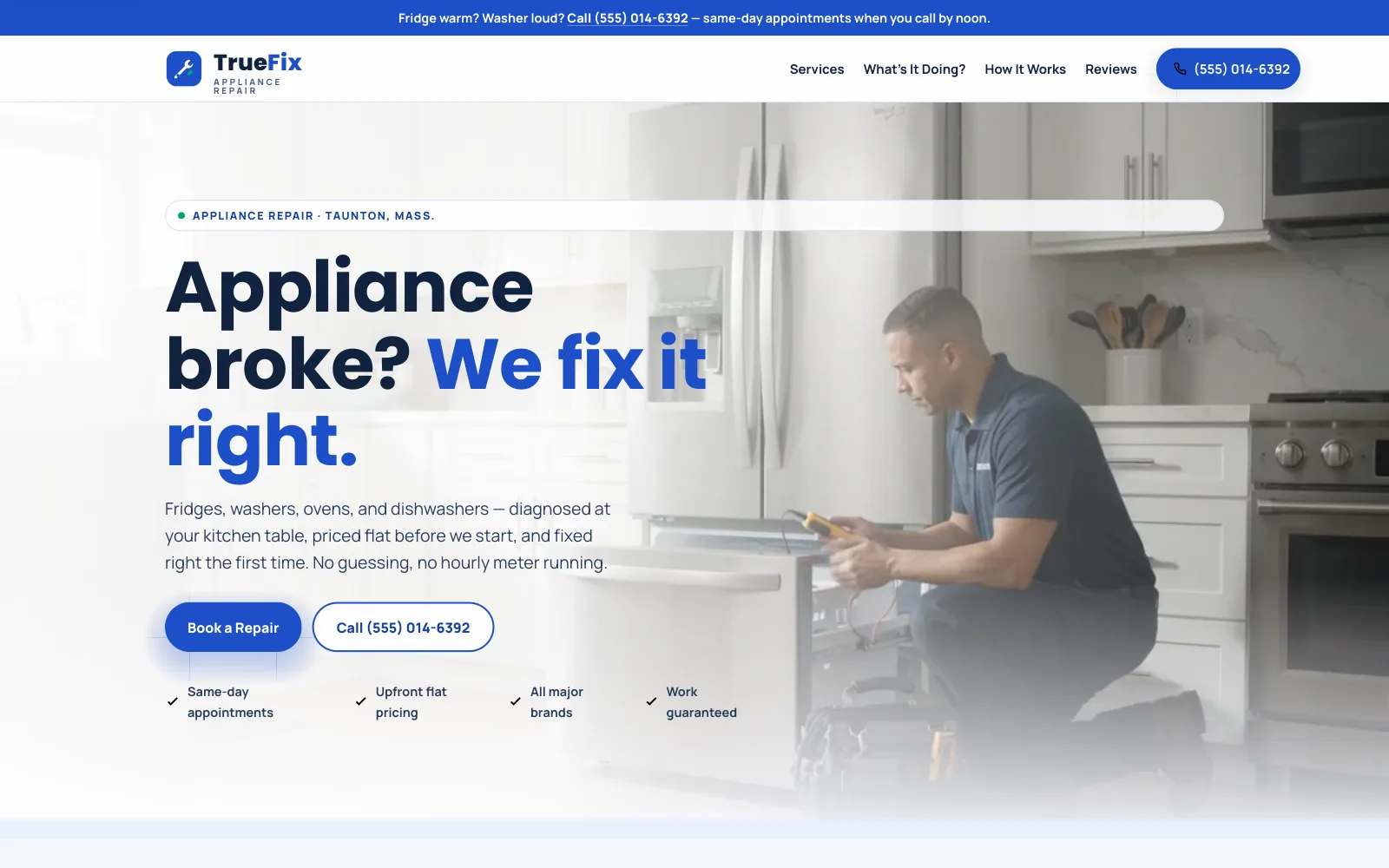 TrueFix Appliance Repair demo homepage header — “Appliance broke? We fix it right.”
