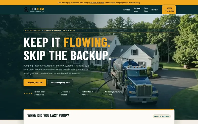 TrueFlow Septic Services demo homepage header — “Keep It Flowing. Skip the Backup.”
