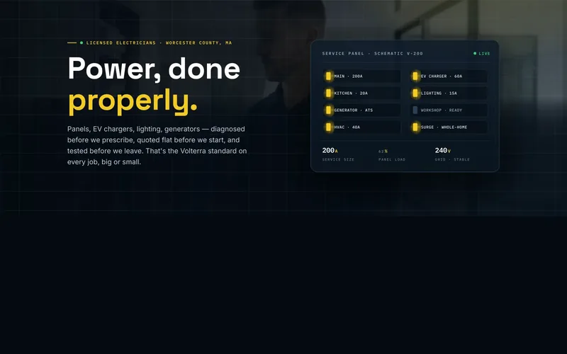 Volterra Electric demo homepage header — “Power Built for What’s Next.”